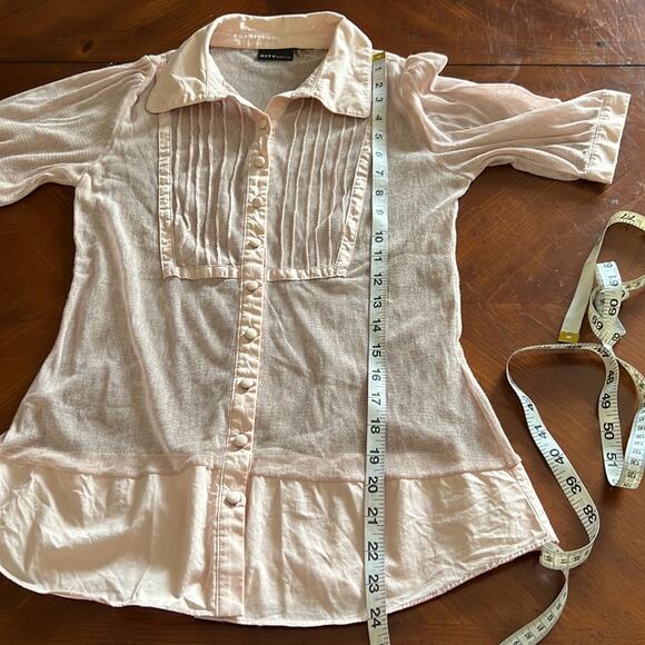 CITY UNLTD Blush Pink Mesh Blouse Size Small Button Front Short Sleeves - Picture 7 of 8